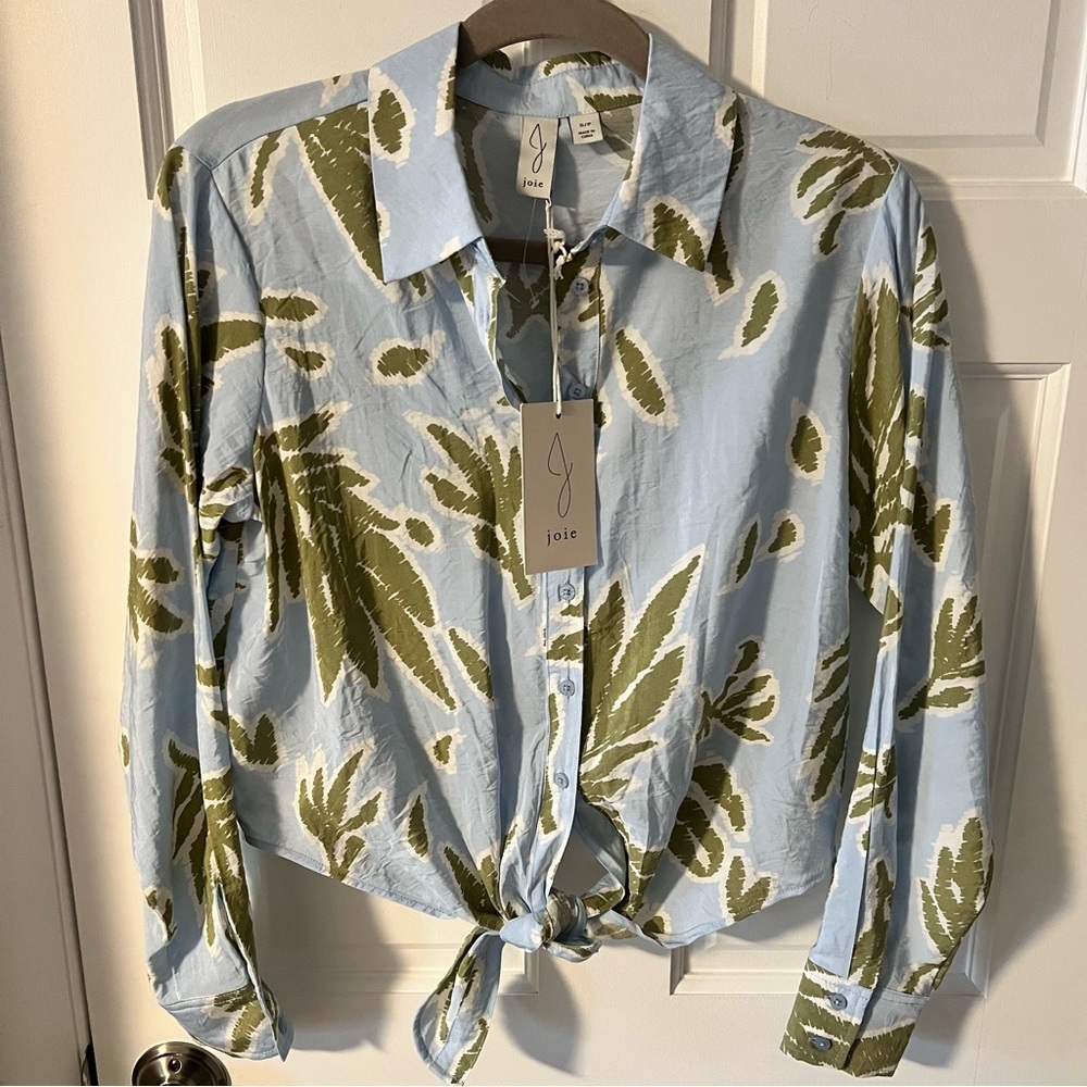 Joie Blue & Green Tropical Leaf Print Collared Tie-Front Crop Blouse size S NEW
